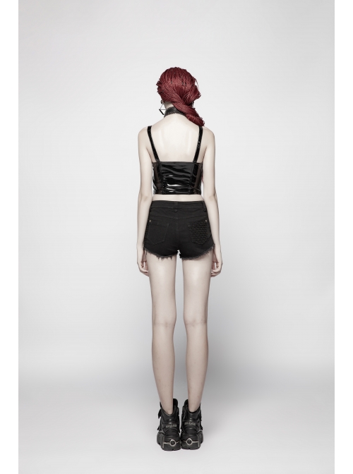 Twill Splice Mesh Metal Buckle Hasp Gear Spike Rough Selvedge Black Punk Short Trousers