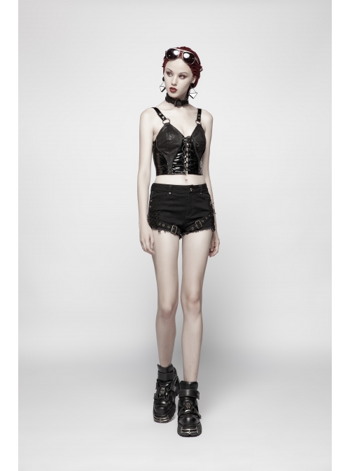 Twill Splice Mesh Metal Buckle Hasp Gear Spike Rough Selvedge Black Punk Short Trousers