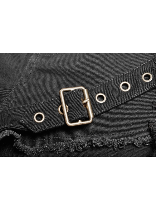Twill Splice Mesh Metal Buckle Hasp Gear Spike Rough Selvedge Black Punk Short Trousers