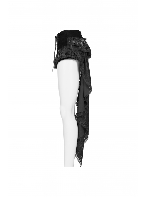 Weft Velveteen Woven Lace-Up Rear Long Lace Frill Hem Black Gothic Short Pants