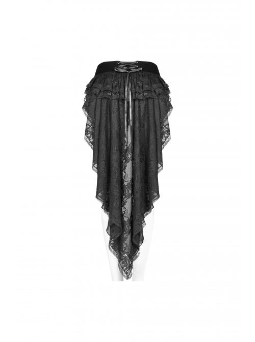 Weft Velveteen Woven Lace-Up Rear Long Lace Frill Hem Black Gothic Short Pants