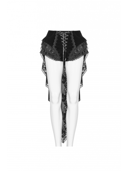 Weft Velveteen Woven Lace-Up Rear Long Lace Frill Hem Black Gothic Short Pants