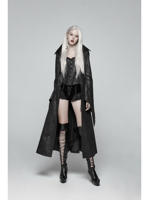 Weft Velveteen Woven Lace-Up Rear Long Lace Frill Hem Black Gothic Short Pants