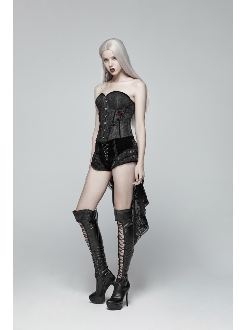 Weft Velveteen Woven Lace-Up Rear Long Lace Frill Hem Black Gothic Short Pants