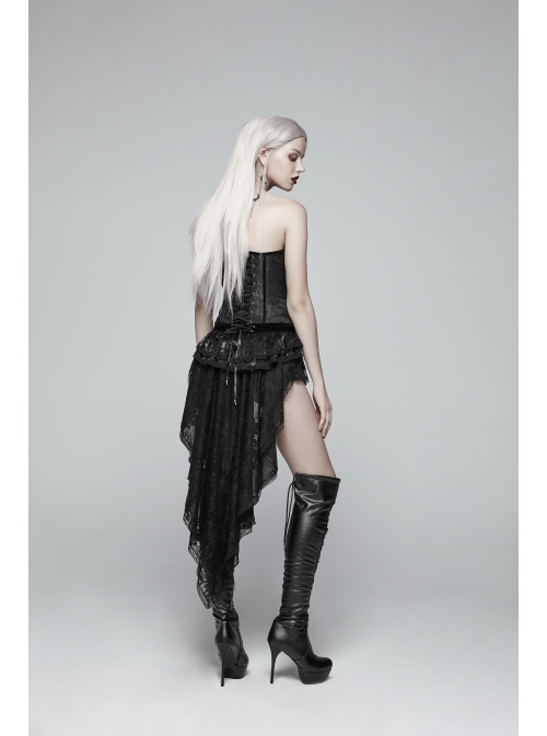 Weft Velveteen Woven Lace-Up Rear Long Lace Frill Hem Black Gothic Short Pants