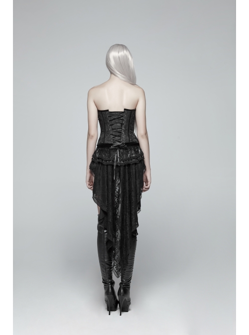 Weft Velveteen Woven Lace-Up Rear Long Lace Frill Hem Black Gothic Short Pants
