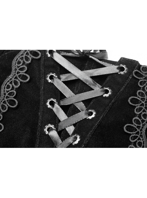 Weft Velveteen Woven Lace-Up Rear Long Lace Frill Hem Black Gothic Short Pants