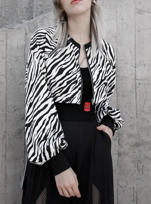 Black And White Zebra Pattern Metal Zipper Chain Short Jacket