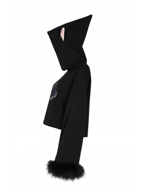Cat Pattern Print 3D Cat Ears Cross Pendant Imitation Fox Hair Cuff Black Punk Velvet Short Hoodie