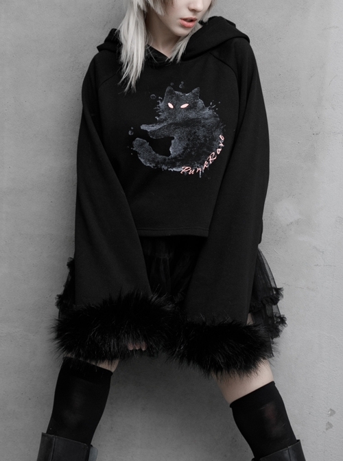 Cat Pattern Print 3D Cat Ears Cross Pendant Imitation Fox Hair Cuff Black Punk Velvet Short Hoodie