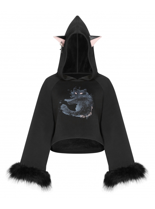 Cat Pattern Print 3D Cat Ears Cross Pendant Imitation Fox Hair Cuff Black Punk Velvet Short Hoodie