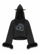Cat Pattern Print 3D Cat Ears Cross Pendant Imitation Fox Hair Cuff Black Punk Velvet Short Hoodie