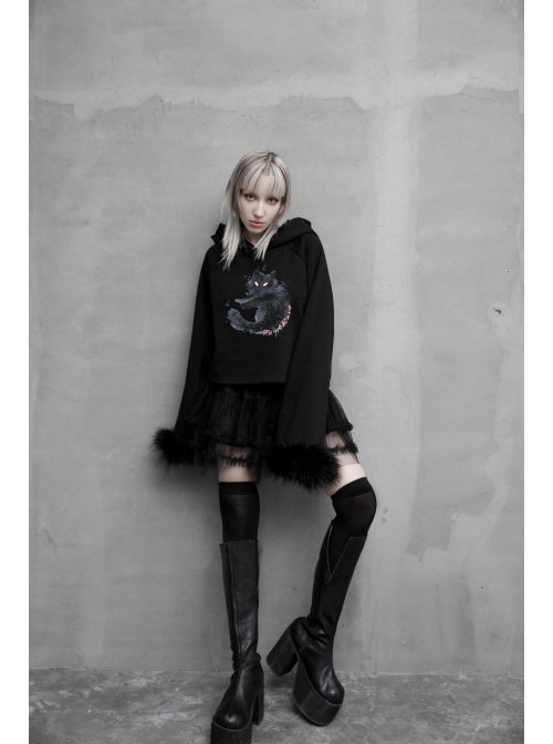 Cat Pattern Print 3D Cat Ears Cross Pendant Imitation Fox Hair Cuff Black Punk Velvet Short Hoodie