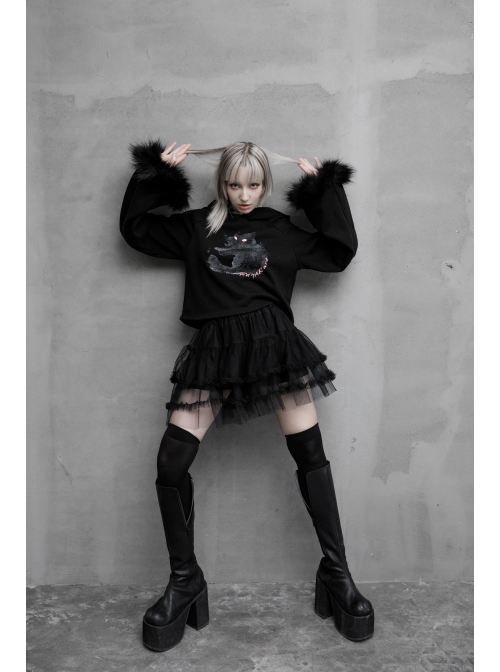 Cat Pattern Print 3D Cat Ears Cross Pendant Imitation Fox Hair Cuff Black Punk Velvet Short Hoodie