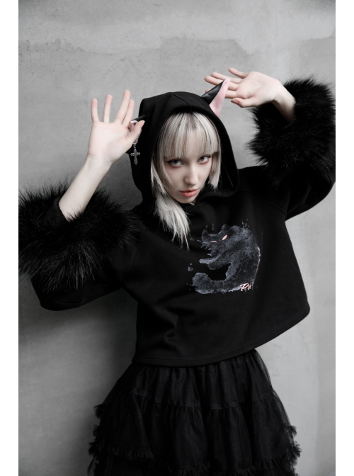 Cat Pattern Print 3D Cat Ears Cross Pendant Imitation Fox Hair Cuff Black Punk Velvet Short Hoodie