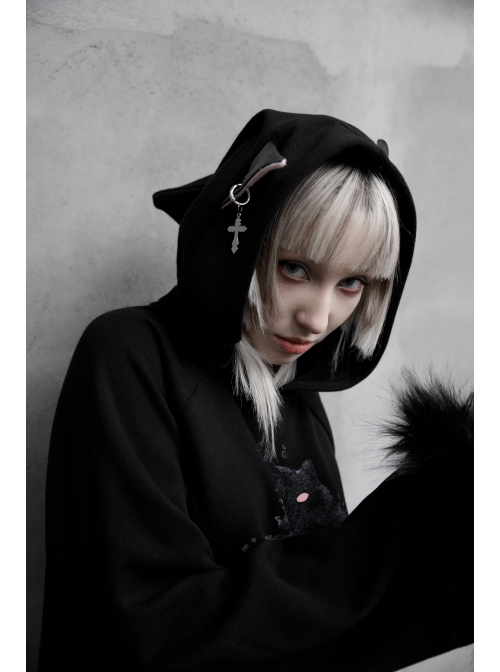 Cat Pattern Print 3D Cat Ears Cross Pendant Imitation Fox Hair Cuff Black Punk Velvet Short Hoodie