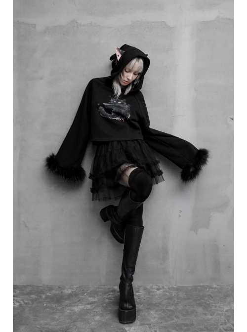 Cat Pattern Print 3D Cat Ears Cross Pendant Imitation Fox Hair Cuff Black Punk Velvet Short Hoodie