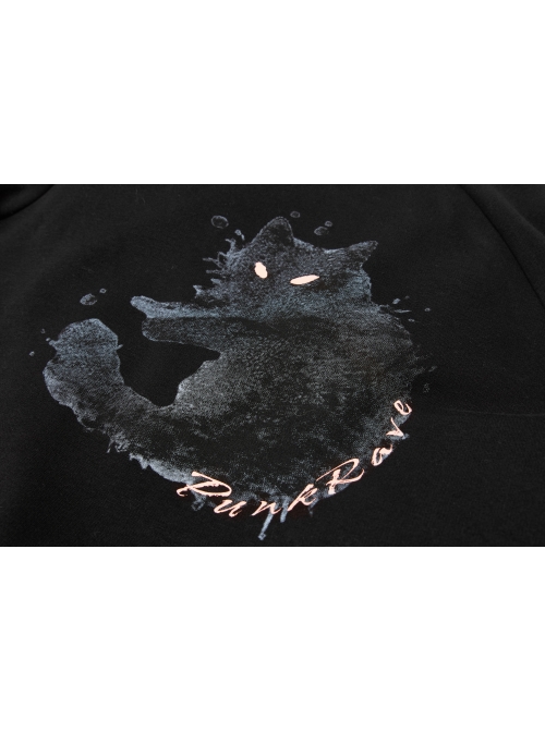 Cat Pattern Print 3D Cat Ears Cross Pendant Imitation Fox Hair Cuff Black Punk Velvet Short Hoodie