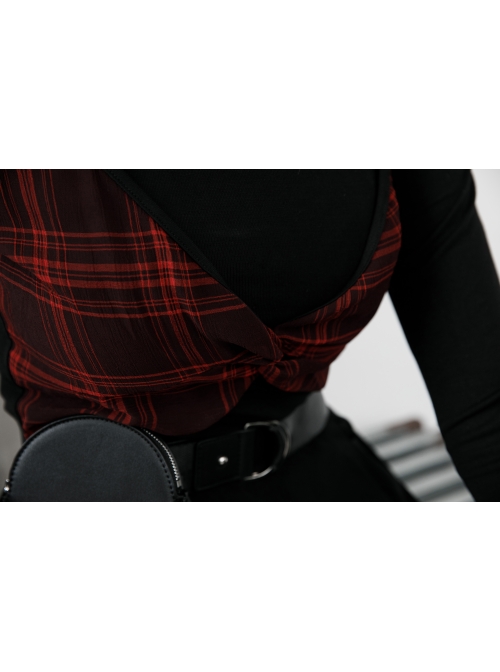 Fake Two Pieces Red Plaid Sling Shoulder Hollow-Out Black Punk Tight T-Shirt