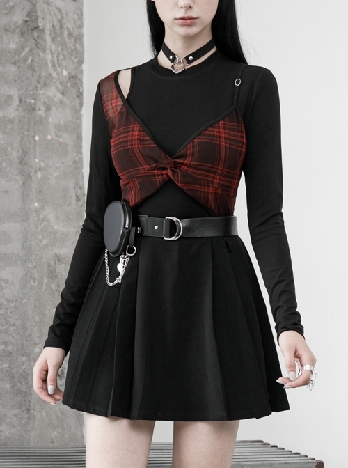 Fake Two Pieces Red Plaid Sling Shoulder Hollow-Out Black Punk Tight T-Shirt