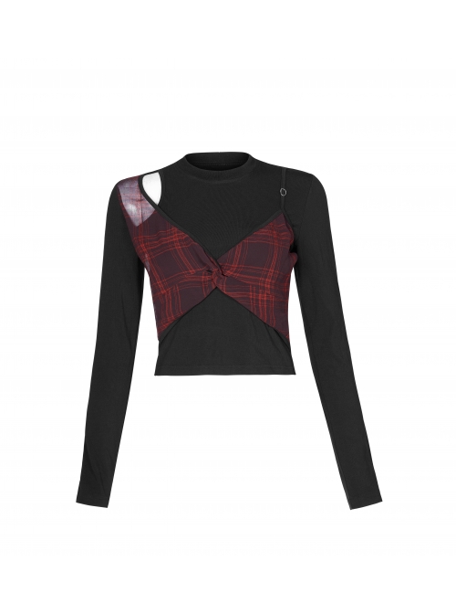 Fake Two Pieces Red Plaid Sling Shoulder Hollow-Out Black Punk Tight T-Shirt