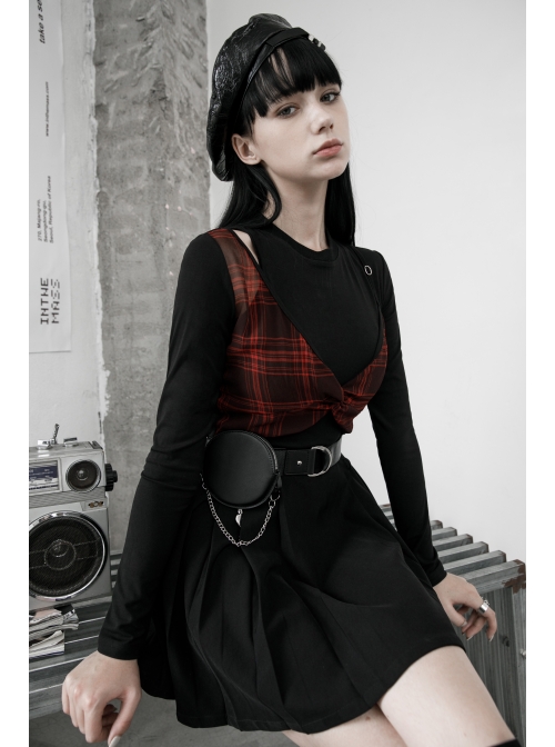 Fake Two Pieces Red Plaid Sling Shoulder Hollow-Out Black Punk Tight T-Shirt
