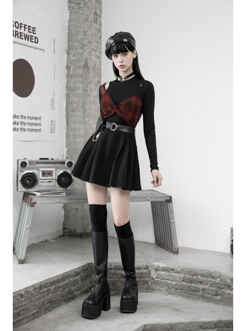 Fake Two Pieces Red Plaid Sling Shoulder Hollow-Out Black Punk Tight T-Shirt
