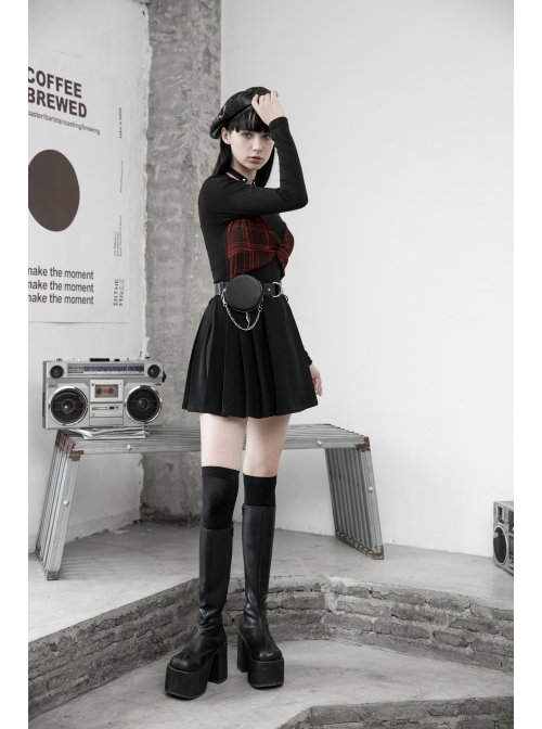 Fake Two Pieces Red Plaid Sling Shoulder Hollow-Out Black Punk Tight T-Shirt