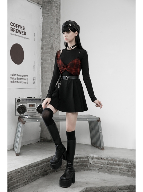 Fake Two Pieces Red Plaid Sling Shoulder Hollow-Out Black Punk Tight T-Shirt