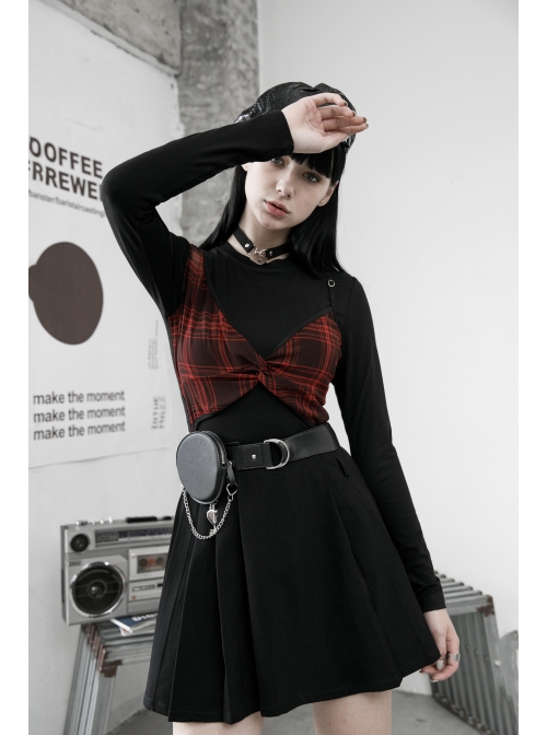 Fake Two Pieces Red Plaid Sling Shoulder Hollow-Out Black Punk Tight T-Shirt