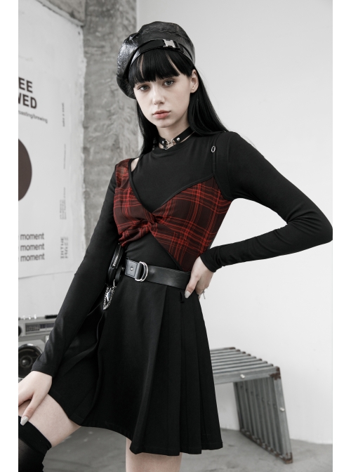 Fake Two Pieces Red Plaid Sling Shoulder Hollow-Out Black Punk Tight T-Shirt