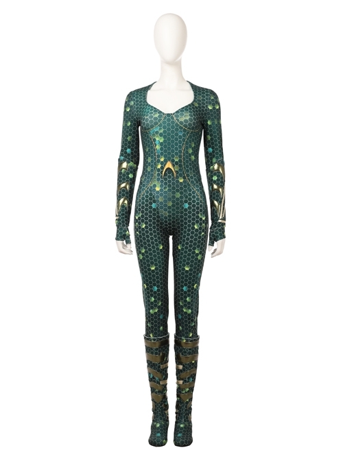 Aquaman Mera Green Scale Print Battle Suit Halloween Cosplay Costume Full Set