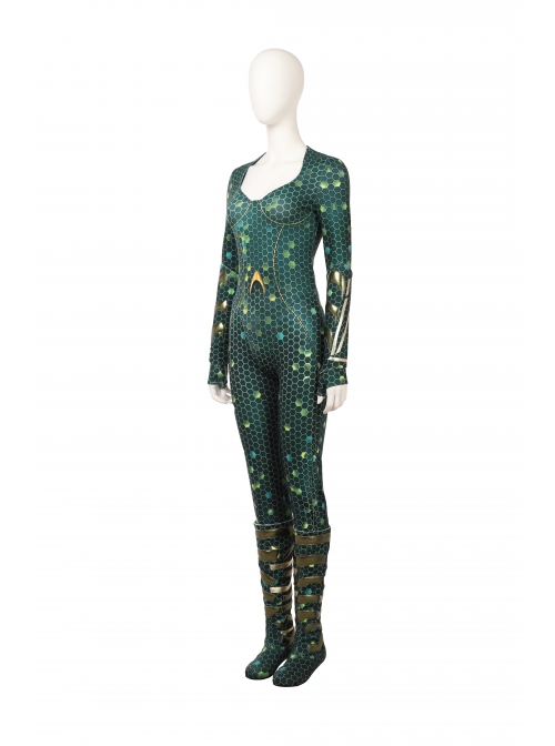 Aquaman Mera Green Scale Print Battle Suit Halloween Cosplay Costume Full Set
