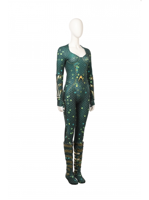 Aquaman Mera Green Scale Print Battle Suit Halloween Cosplay Costume Full Set