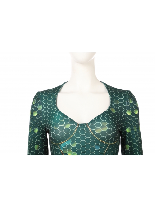Aquaman Mera Green Scale Print Battle Suit Halloween Cosplay Costume Full Set