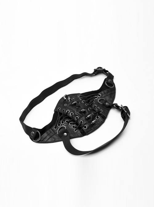 Metal Buckle Hasp Rivet Lace-Up Black Punk PU Leather Masks