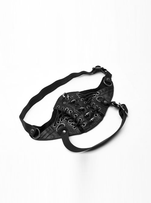 Metal Buckle Hasp Rivet Lace-Up Black Punk PU Leather Masks