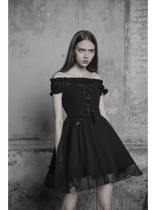 Gothic Female Lolita Black Lace Binding Strapless Dress