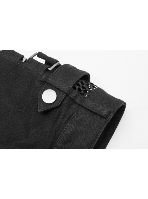 Black Metal Square Loop Hasp Button Side Hollow-Out Splice Mesh Punk Denim Shorts