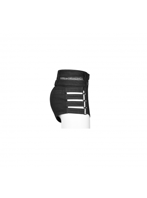 Black Metal Square Loop Hasp Button Side Hollow-Out Splice Mesh Punk Denim Shorts