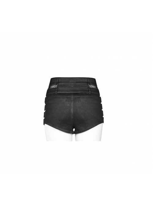 Black Metal Square Loop Hasp Button Side Hollow-Out Splice Mesh Punk Denim Shorts