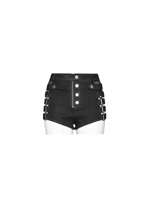 Black Metal Square Loop Hasp Button Side Hollow-Out Splice Mesh Punk Denim Shorts