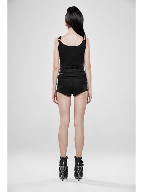 Black Metal Square Loop Hasp Button Side Hollow-Out Splice Mesh Punk Denim Shorts