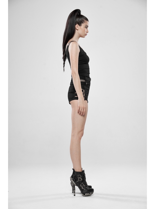 Black Metal Square Loop Hasp Button Side Hollow-Out Splice Mesh Punk Denim Shorts