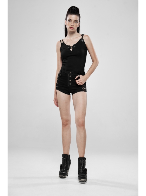 Black Metal Square Loop Hasp Button Side Hollow-Out Splice Mesh Punk Denim Shorts