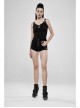 Black Metal Square Loop Hasp Button Side Hollow-Out Splice Mesh Punk Denim Shorts
