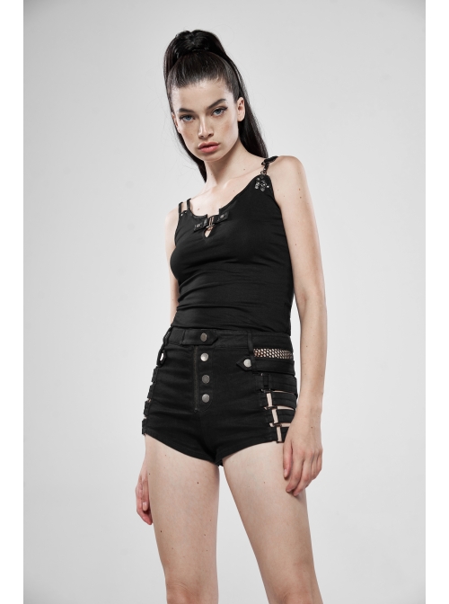 Black Metal Square Loop Hasp Button Side Hollow-Out Splice Mesh Punk Denim Shorts