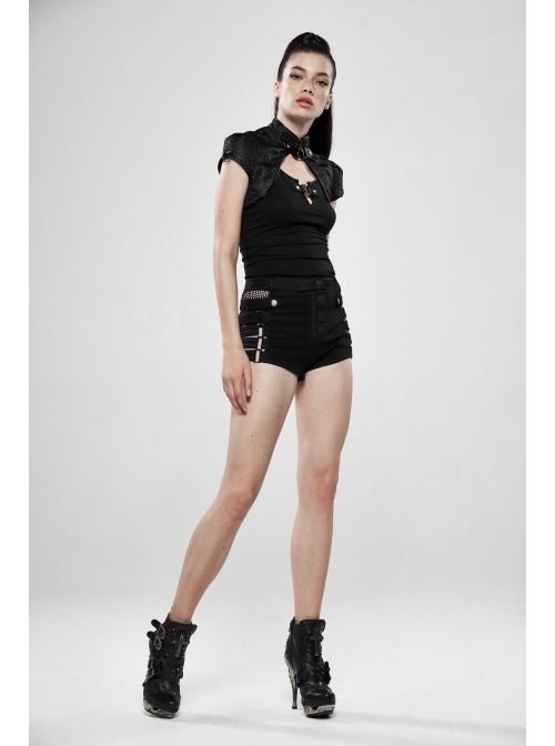 Black Metal Square Loop Hasp Button Side Hollow-Out Splice Mesh Punk Denim Shorts