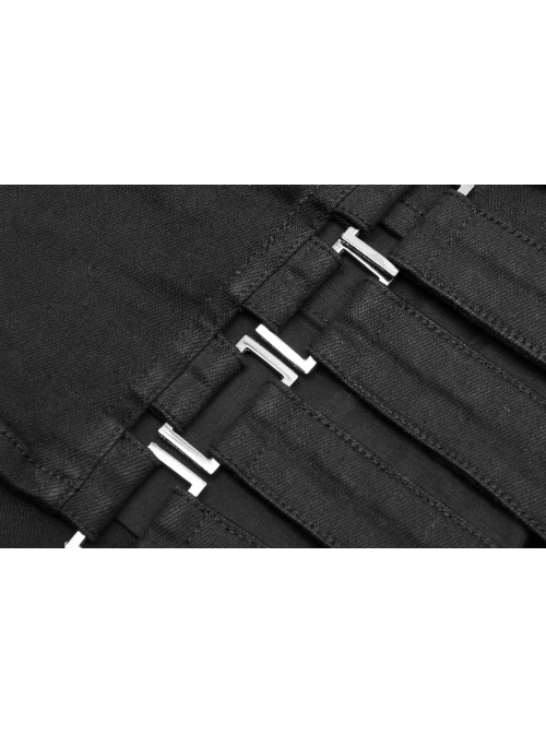 Black Metal Square Loop Hasp Button Side Hollow-Out Splice Mesh Punk Denim Shorts