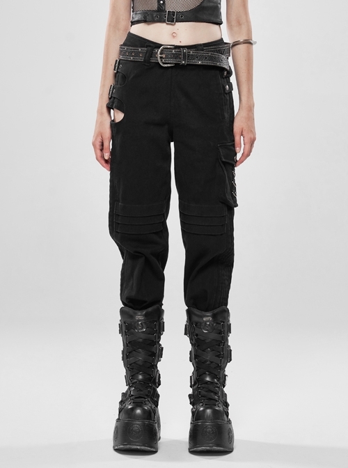 Metal Square Loop Hasp Side Hollow-Out Knees Layered Folding Hem Zipper Black Punk Denim Trousers